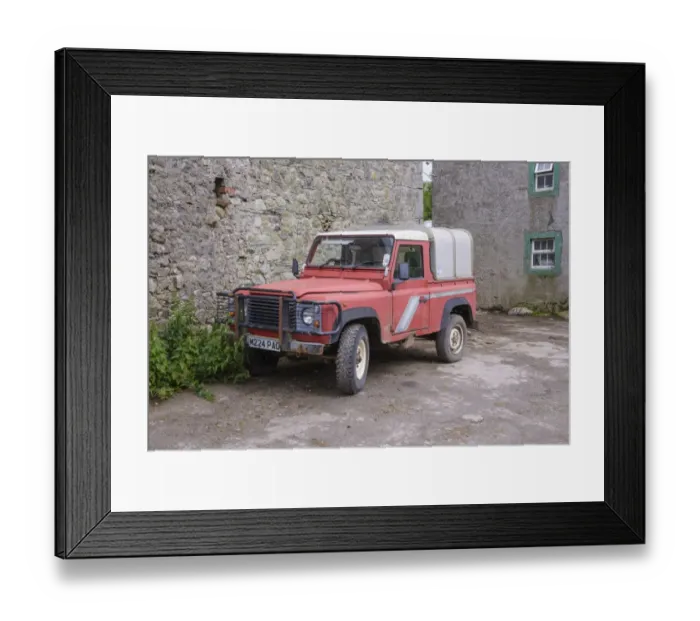 Framed Print : Land Rover Defender in farmyard, Cumbria, England, July Framed Print : Land Rover Defender in farmyard, Cumbria, England, July