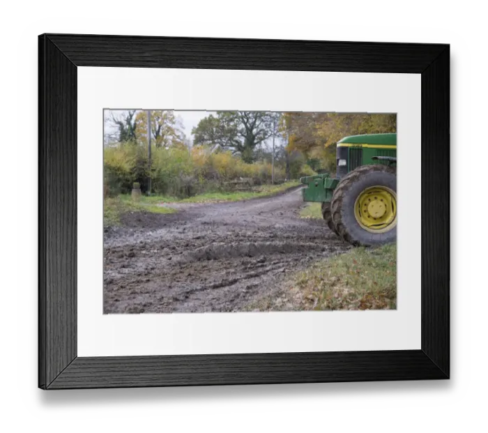 Framed Print : John Deere tractor beside muddy country road, Welshpool, Powys, Wales, November Framed Print : John Deere tractor beside muddy country road, Welshpool, Powys, Wales, November