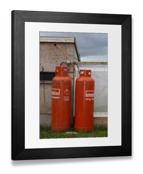 Framed Print : Gamebird farming, propane gas cylinders attached to pheasant rearing sheds, used to provide heat to young chicks