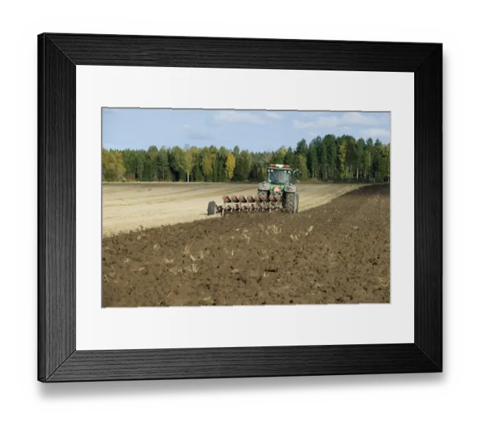 Framed Print : Tractor with reversible plough, ploughing arable field, Sweden, september Framed Print : Tractor with reversible plough, ploughing arable field, Sweden, september