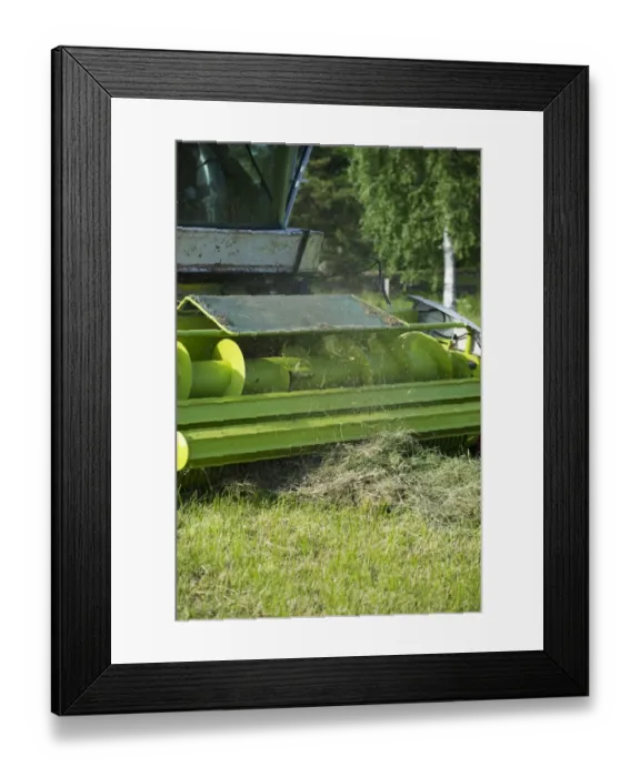 Framed Print : Cls Jaguar 850 forage harvester, cutting grass for silage, close-up of header, Alunda, Uppsala, Sweden, june