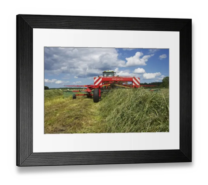 Framed Print : Silage crop, tractor with double turner, turning cut grass for silage, Sweden, august