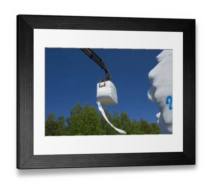 Framed Print : Plastic wrapped silage bales, loaded onto truck with mechanical grabber, Sweden, may