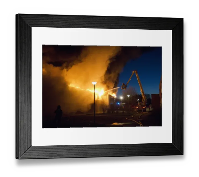 Framed Print : Fire in block of flats, firemen with hose and fire engine, Tierp, Uppsala, Sweden Framed Print : Fire in block of flats, firemen with hose and fire engine, Tierp, Uppsala, Sweden