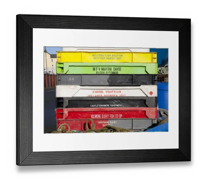 Framed Print : Stack of plastic fish boxes on quayside, Aberystwyth, Ceredigion, Wales, January Framed Print : Stack of plastic fish boxes on quayside, Aberystwyth, Ceredigion, Wales, January
