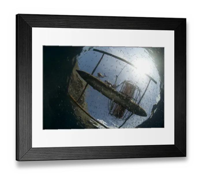 Framed Print : Fisherman with fish basket on fishing boat above and fish shoal below surface of water, Crucifixion Point Framed Print : Fisherman with fish basket on fishing boat above and fish shoal below surface of water, Crucifixion Point