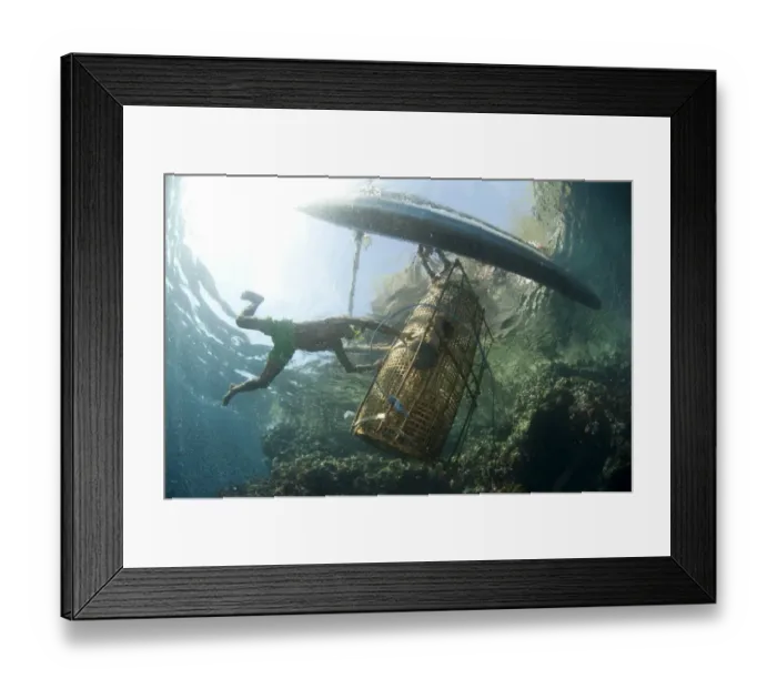Framed Print : Fisherman guiding fish basket onto fishing boat, Crucifixion Point, Pantar Island, Alor Archipelago Framed Print : Fisherman guiding fish basket onto fishing boat, Crucifixion Point, Pantar Island, Alor Archipelago