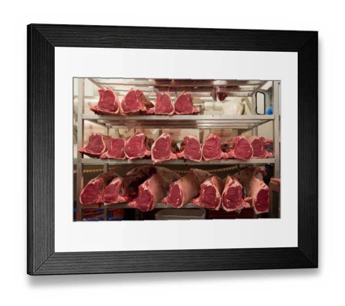 Framed Print : Sirloin joints of beef in abattoir, Yorkshire, England, February Framed Print : Sirloin joints of beef in abattoir, Yorkshire, England, February