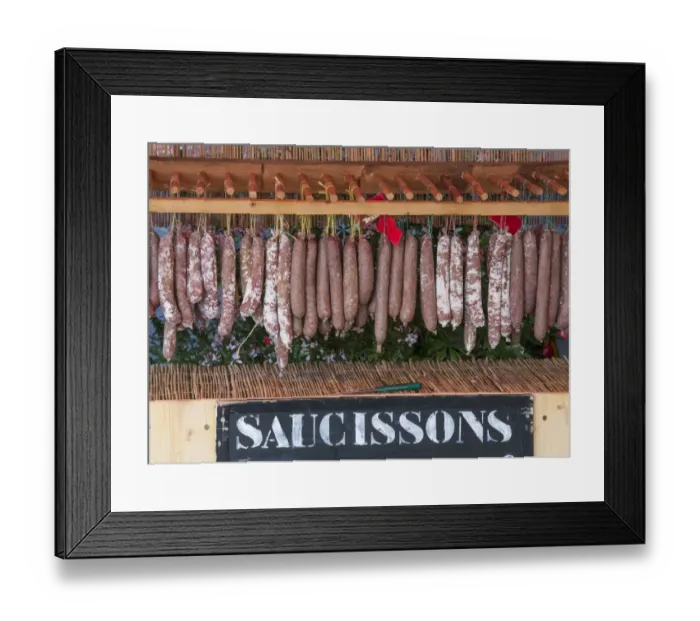 Framed Print : Sausages for sale at outdoor market, Loches, Indre-et-Loire, Central France, September Framed Print : Sausages for sale at outdoor market, Loches, Indre-et-Loire, Central France, September