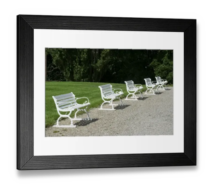 Framed Print : Row of park benches, Sundbyholm Castle, Sodermanland, Sweden, august Framed Print : Row of park benches, Sundbyholm Castle, Sodermanland, Sweden, august