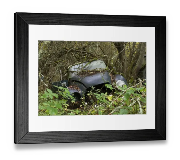 Framed Print : Scrap car (old Dampf-Kraft-Wagen) in forest, Sweden Framed Print : Scrap car (old Dampf-Kraft-Wagen) in forest, Sweden