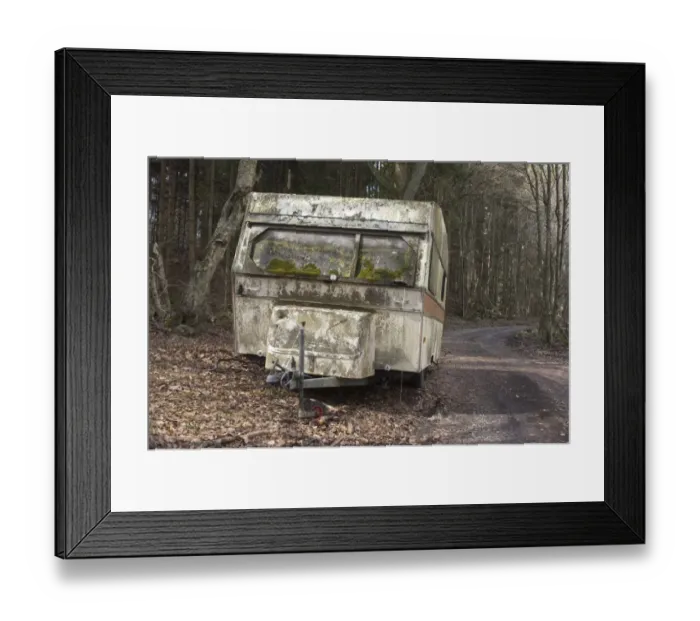 Framed Print : Caravan abandoned beside track at edge of woodland, Skane, Sweden Framed Print : Caravan abandoned beside track at edge of woodland, Skane, Sweden