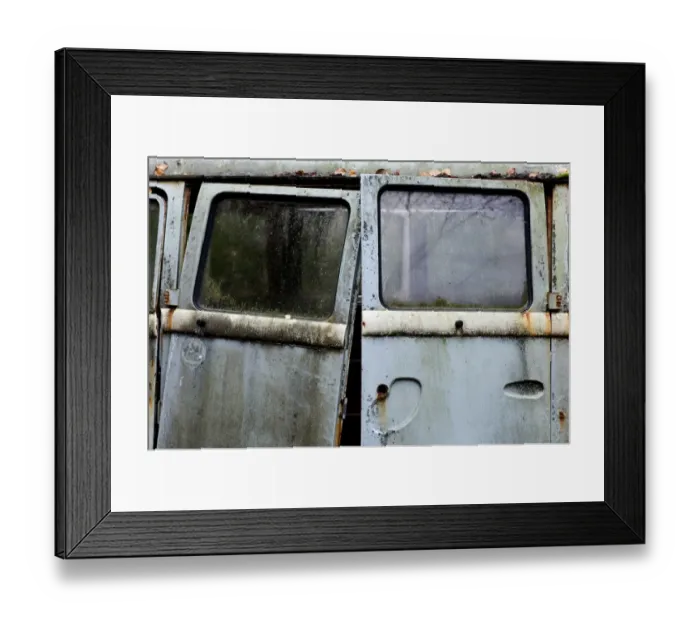 Framed Print : Close-up of doors on scrap Volkswagen camper van, Sweden, october Framed Print : Close-up of doors on scrap Volkswagen camper van, Sweden, october
