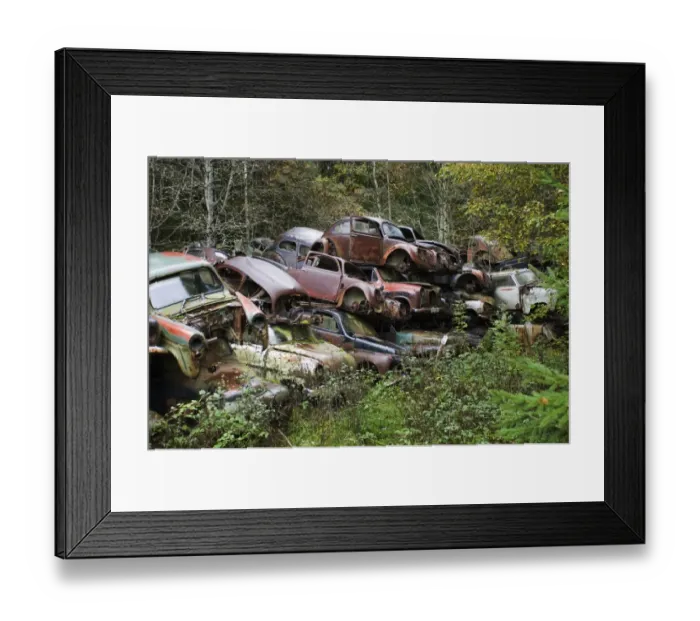 Framed Print : Pile of scrap cars in forest, Sweden Framed Print : Pile of scrap cars in forest, Sweden