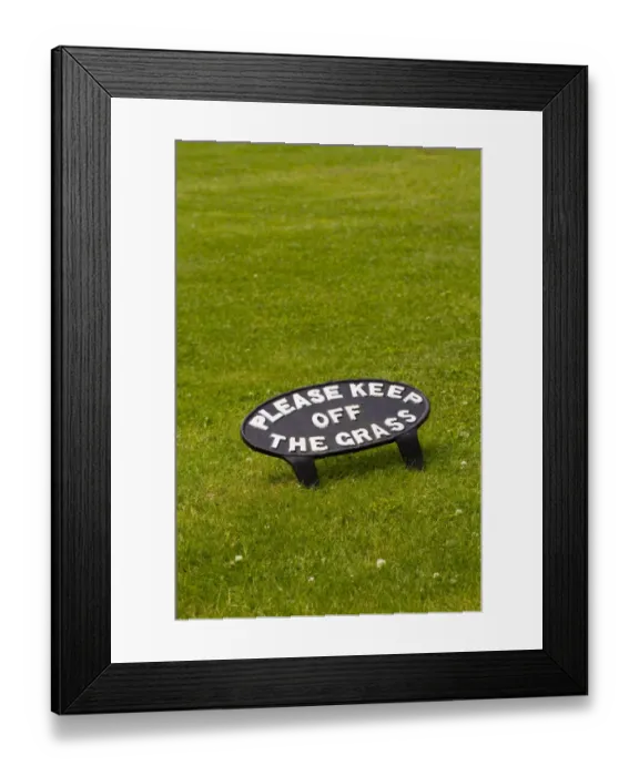 Framed Print : Please Keep Off The Grass cast iron sign on lawn, Dyfed, Wales, July Framed Print : Please Keep Off The Grass cast iron sign on lawn, Dyfed, Wales, July