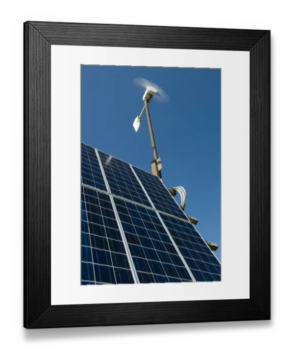 Framed Print : Combination of solar panels and wind turbine, harnessing renewable energy to produce electricity at remote reservoir Framed Print : Combination of solar panels and wind turbine, harnessing renewable energy to produce electricity at remote reservoir