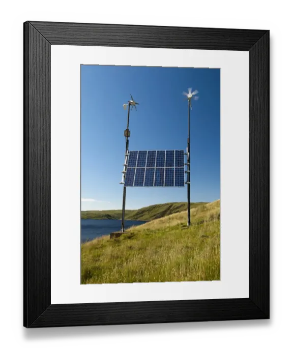 Framed Print : Combination of solar panels and wind turbines, harnessing renewable energy to produce electricity at remote reservoir Framed Print : Combination of solar panels and wind turbines, harnessing renewable energy to produce electricity at remote reservoir