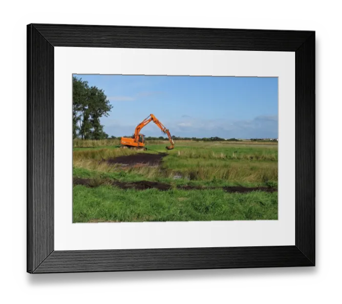 Framed Print : Excavator excavating wader scrape in Higher Level Stewardship scheme land, Norfolk, England, September Framed Print : Excavator excavating wader scrape in Higher Level Stewardship scheme land, Norfolk, England, September