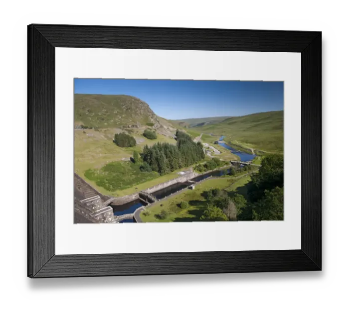 Framed Print : View of dam overflow, Claerwen Reservoir, Elan Valley, Powys, Wales, July Framed Print : View of dam overflow, Claerwen Reservoir, Elan Valley, Powys, Wales, July