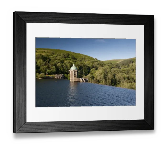 Framed Print : Dam overflow and pumping house on reservoir, Penygarreg Reservoir, Elan Valley, Powys, Wales, July Framed Print : Dam overflow and pumping house on reservoir, Penygarreg Reservoir, Elan Valley, Powys, Wales, July