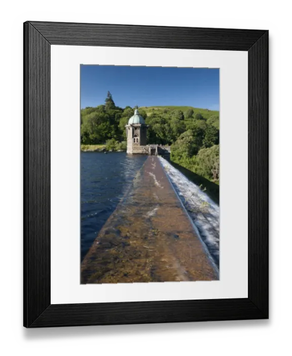 Framed Print : Dam overflow and pumping house on reservoir, Penygarreg Reservoir, Elan Valley, Powys, Wales, July Framed Print : Dam overflow and pumping house on reservoir, Penygarreg Reservoir, Elan Valley, Powys, Wales, July