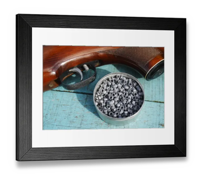 Framed Print : 22 air rifle pellets in tin beside air rifle, Bacton, Suffolk, England, April Framed Print : 22 air rifle pellets in tin beside air rifle, Bacton, Suffolk, England, April