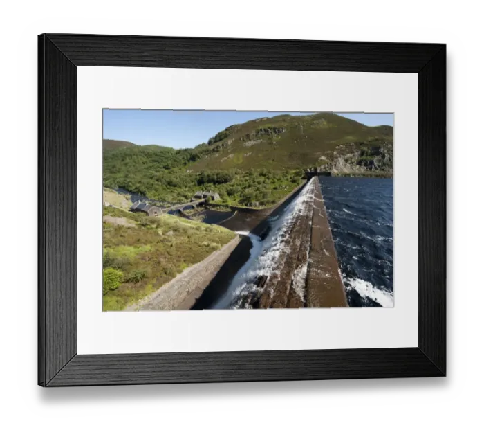 Framed Print : View of reservoir and dam overflow, Caban Coch Reservoir, Elan Valley, Powys, Wales, July