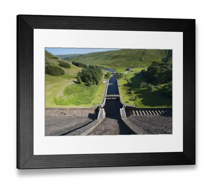 Framed Print : View of overflow from dam, Claerwen Reservoir, Elan Valley, Powys, Wales, July