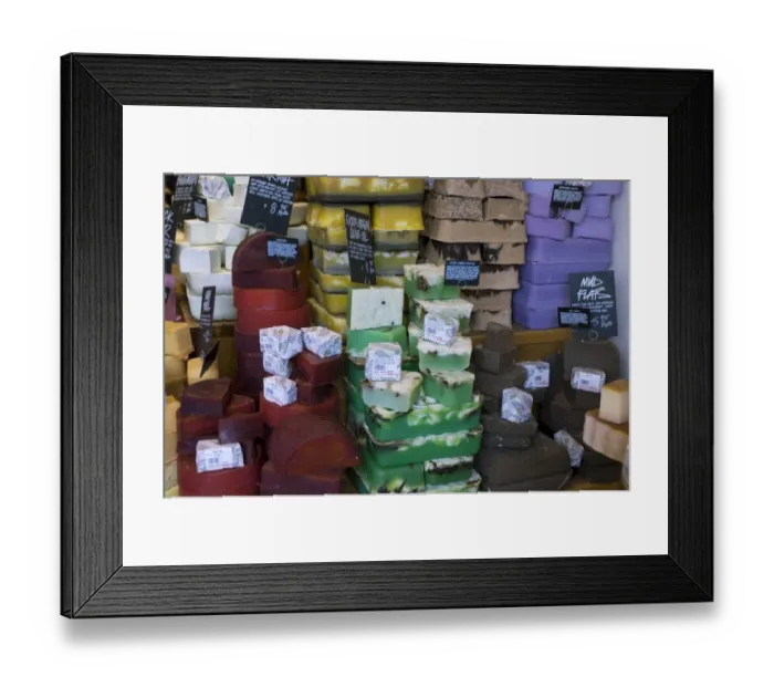 Framed Print : Soap for sale in soapstore, various colours and fragrances, Los Angeles, California, U. S. A