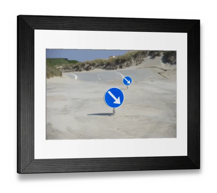 Framed Print : Driving direction signs on sandy beach at start of road, Romo, Wadden Sea Islands, Denmark, may Framed Print : Driving direction signs on sandy beach at start of road, Romo, Wadden Sea Islands, Denmark, may