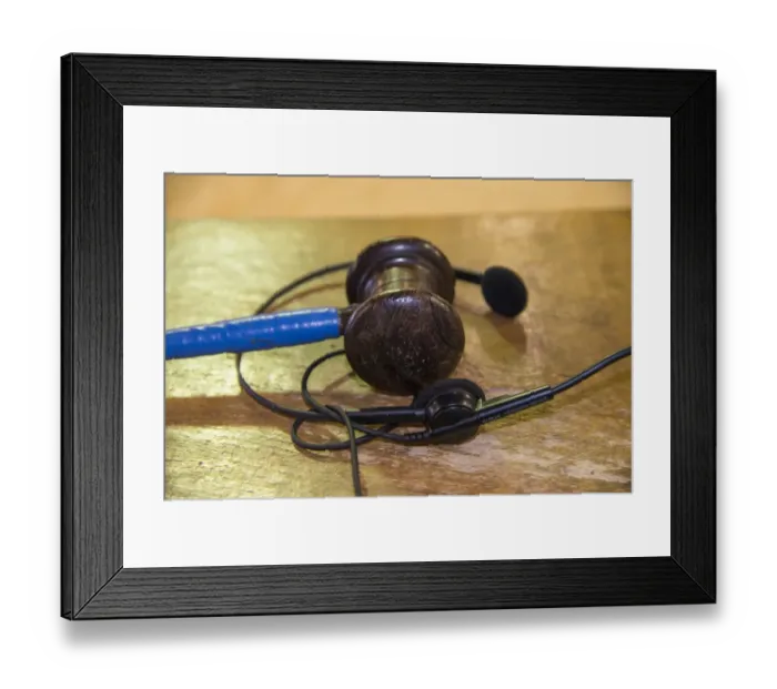Framed Print : Gavel and microphone, equipment of auctioneer at livestock market, Beeston Castle Auction Mart, Cheshire, England
