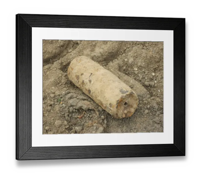 Framed Print : Iron Harvest, World War One shrapnel shell, unexploded with shrapnel balls still inside, Somme Battlefield, Somme Framed Print : Iron Harvest, World War One shrapnel shell, unexploded with shrapnel balls still inside, Somme Battlefield, Somme