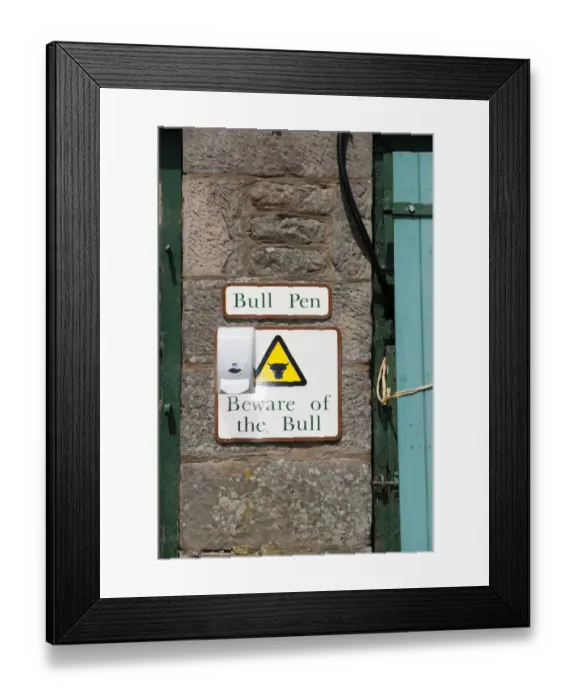 Framed Print : Bull Pen and Beware of the Bull warning signs on wall of farm building, England, May Framed Print : Bull Pen and Beware of the Bull warning signs on wall of farm building, England, May