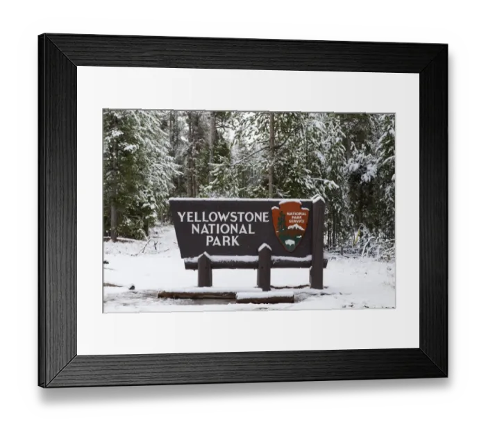 Framed Print : Yellowstone National Park sign in snow, Yellowstone N. P. Wyoming, U. S. A. October Framed Print : Yellowstone National Park sign in snow, Yellowstone N. P. Wyoming, U. S. A. October
