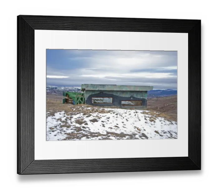 Framed Print : Permanent birdwatching and photography hide to bait for vultures and lammergeiers, Spain, January Framed Print : Permanent birdwatching and photography hide to bait for vultures and lammergeiers, Spain, January