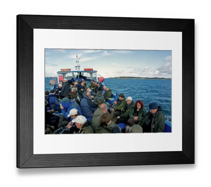 Framed Print : Birdwatchers on boat, with Tresco in distance, Isles of Scilly, England, October Framed Print : Birdwatchers on boat, with Tresco in distance, Isles of Scilly, England, October
