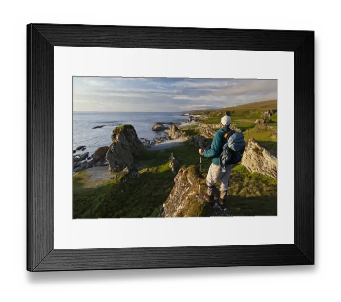 Framed Print : Walker overlooking coastline, looking north along west coast, north from Inver, Isle of Jura, Inner Hebrides, Scotland Framed Print : Walker overlooking coastline, looking north along west coast, north from Inver, Isle of Jura, Inner Hebrides, Scotland