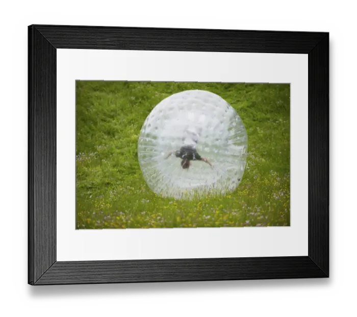 Framed Print : Zorbing, person rolling downhill in transparent plastic orb, Sweden, June Framed Print : Zorbing, person rolling downhill in transparent plastic orb, Sweden, June