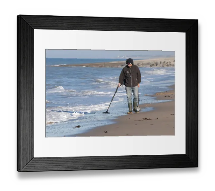 Framed Print : Man using metal detector on beach, near Granville, Manche, Normandy, France, December Framed Print : Man using metal detector on beach, near Granville, Manche, Normandy, France, December