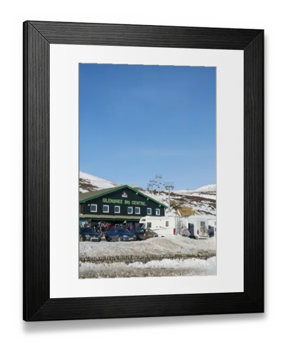 Framed Print : Ski resort carpark, buildings and chairlift in snow, Glenshee Ski Centre, Grampian Mountains, Aberdeenshire, Highlands Framed Print : Ski resort carpark, buildings and chairlift in snow, Glenshee Ski Centre, Grampian Mountains, Aberdeenshire, Highlands