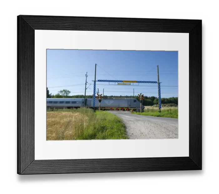 Framed Print : X2000-train passing rural crossing, Sodermanland, Sweden, august Framed Print : X2000-train passing rural crossing, Sodermanland, Sweden, august