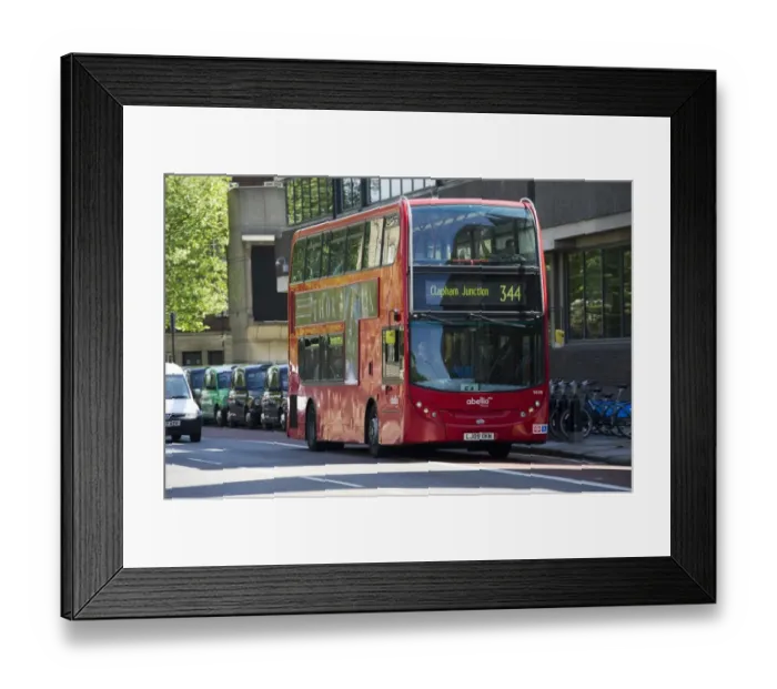Framed Print : Red bus Clapham Junction 344 driving on city road, London, England, april Framed Print : Red bus Clapham Junction 344 driving on city road, London, England, april