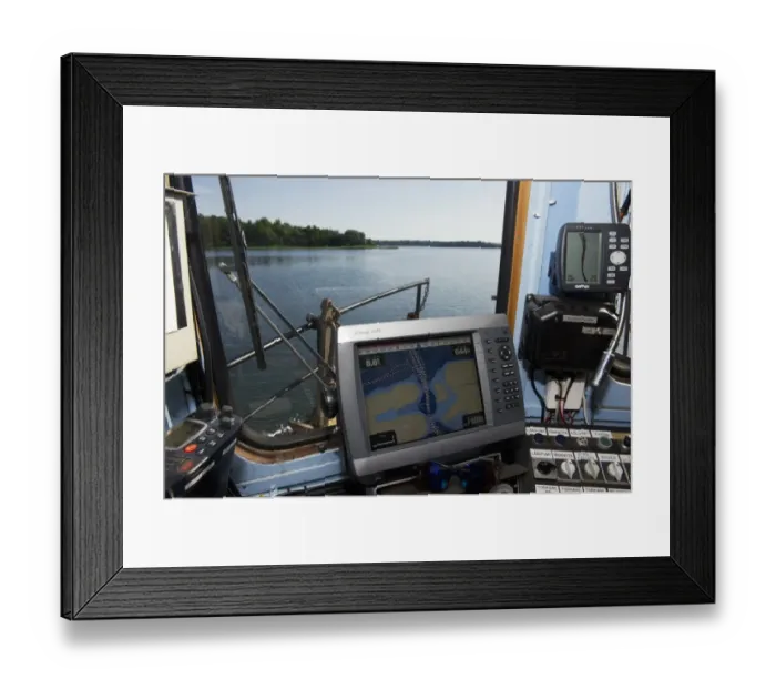 Framed Print : GPS map in control cabin on boat, near Hargshamn, Baltic Sea, Uppsala County, Sweden, june