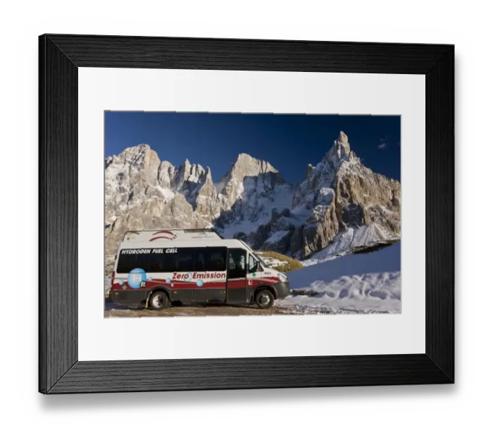 Framed Print : Zero emission hydrogen fuel cell vehicle parked below mountain peak, Cimon della Pala, Pale di San Martino, Dolomites Framed Print : Zero emission hydrogen fuel cell vehicle parked below mountain peak, Cimon della Pala, Pale di San Martino, Dolomites