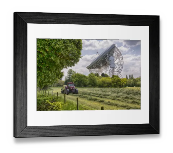 Framed Print : Radio telescope with tractor and baler baling silage in foreground, Lovell Telescope, Jodrell Bank Observatory Framed Print : Radio telescope with tractor and baler baling silage in foreground, Lovell Telescope, Jodrell Bank Observatory