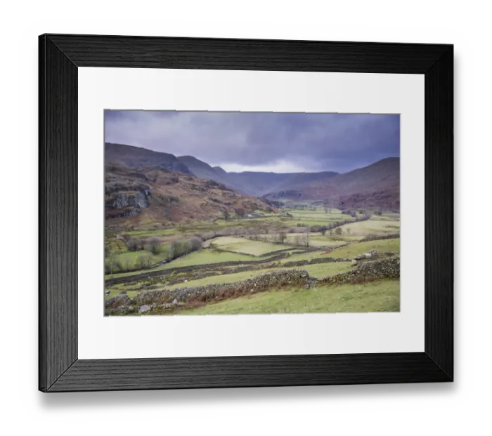 Framed Print : View of drystone walls and pasture in valley surrounded by fells, Kentmere, Lake District N. P Framed Print : View of drystone walls and pasture in valley surrounded by fells, Kentmere, Lake District N. P