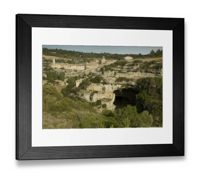 Framed Print : View of old village on gorge with large cave, Minerve, River Cesse Gorge, Herault, Languedoc-Roussillon, France Framed Print : View of old village on gorge with large cave, Minerve, River Cesse Gorge, Herault, Languedoc-Roussillon, France
