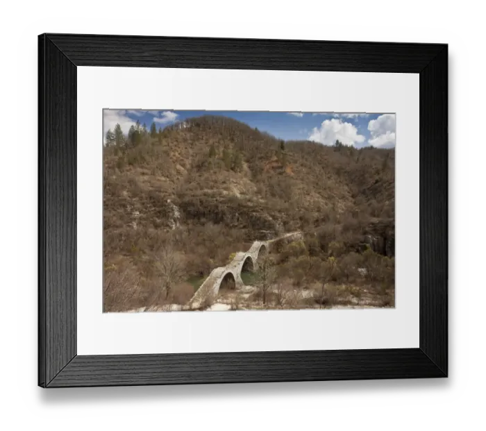Framed Print : View of triple-arched old packhorse bridge (built 1814), Kalogeriko or Plakida Bridge, Zagoria, Northwest Greece, April Framed Print : View of triple-arched old packhorse bridge (built 1814), Kalogeriko or Plakida Bridge, Zagoria, Northwest Greece, April