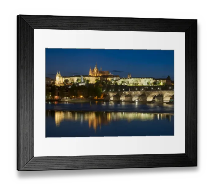 Framed Print : View of Charles Bridge (Karluv Most), Prague Castle and St. Vitus Cathedral at night, Vltava River, Prague Framed Print : View of Charles Bridge (Karluv Most), Prague Castle and St. Vitus Cathedral at night, Vltava River, Prague