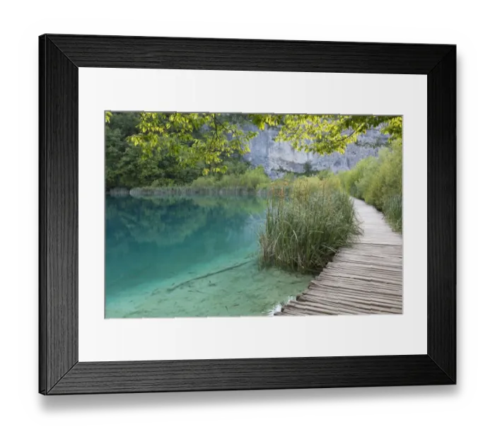 Framed Print : Wooden boardwalk at edge of lake, Plitvice Lakes N. P. Croatia, July Framed Print : Wooden boardwalk at edge of lake, Plitvice Lakes N. P. Croatia, July